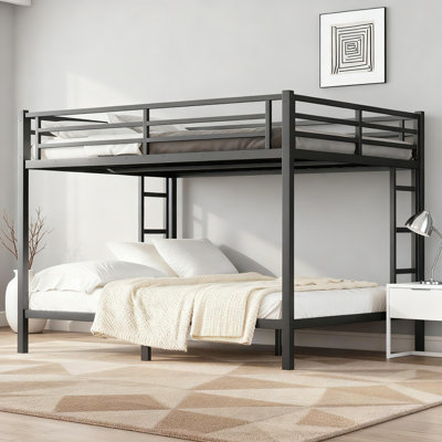 Queen Over Queen Bunk Bed Frame With Full-length Guardrail,heavy Duty Solid Metal Bunk Bed With 2 Ladders For Kids/adults, No Box Spring Needed,black