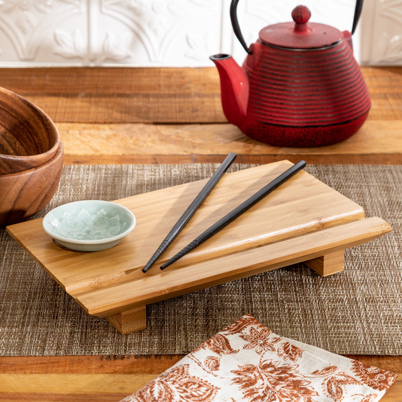 Burnished Bamboo Rectangular Sushi Board Set with Ceramic Dish