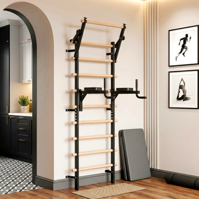  Swedish Ladder Wall Gym, 92" Solid Beechwood Stall Bars, 264lbs Capacity, Adjustable Pull-Up & Dip Bar Attachments, Wall Mounted, 9 Anchor Rods for Home, School, Physical Therapy, Gymnastics