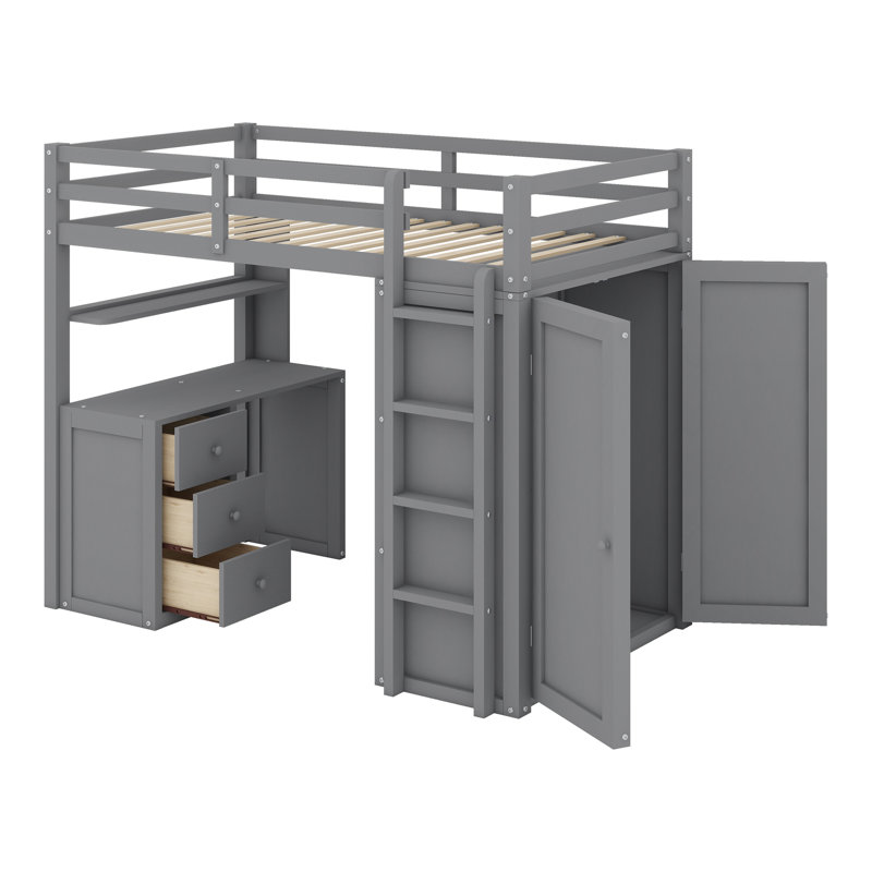 Jarrison Kids Twin Loft Bed with Drawers, Gray