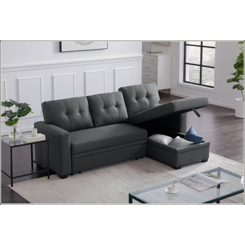Upholstered Pull Out Sectional Sofa With Chaise, Dark Gray