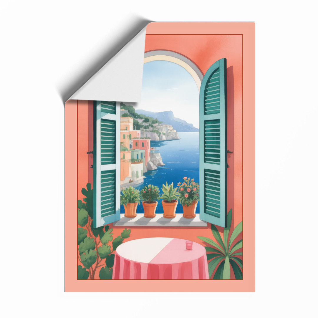 Mediterranean Window View Coastal - Framed Print