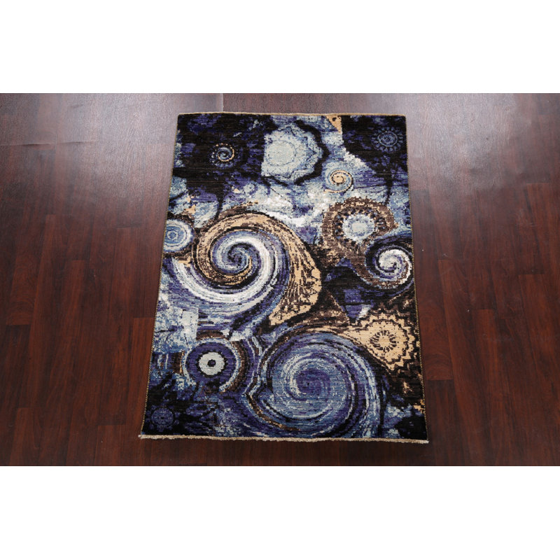 Tapis oriental contemporain abstrait à motif végétal noué à la main 4 x 6