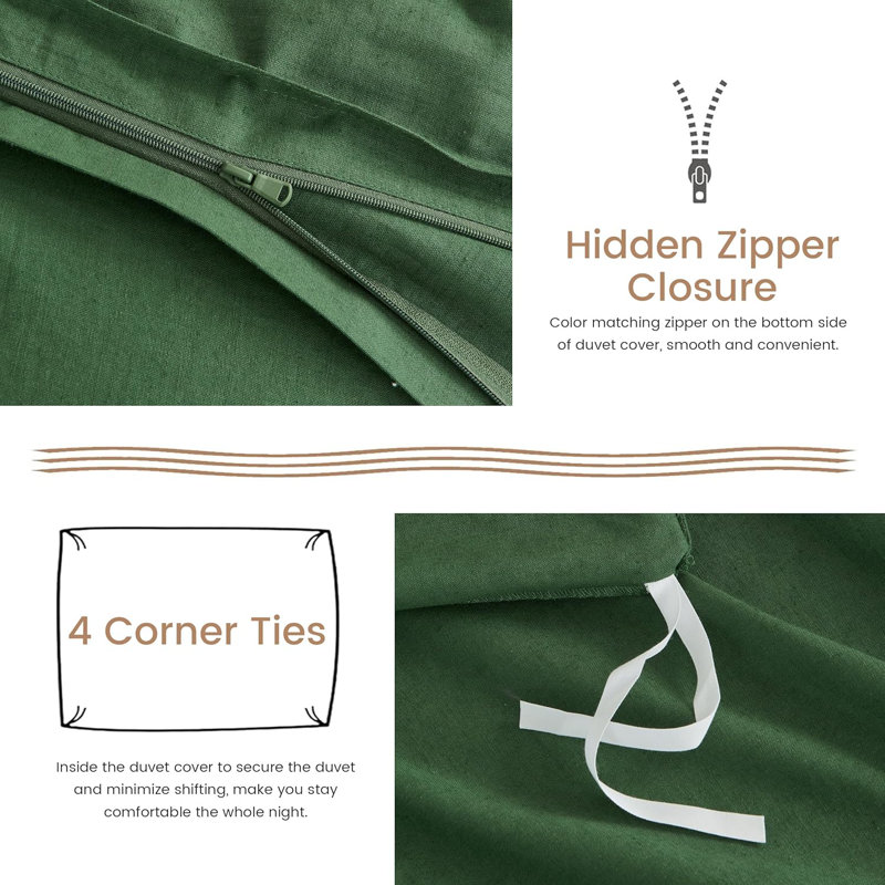 Ensemble de housse de couette en lin français 3 pièces avec fermeture à glissière cachée mélange de coton naturel, Vert