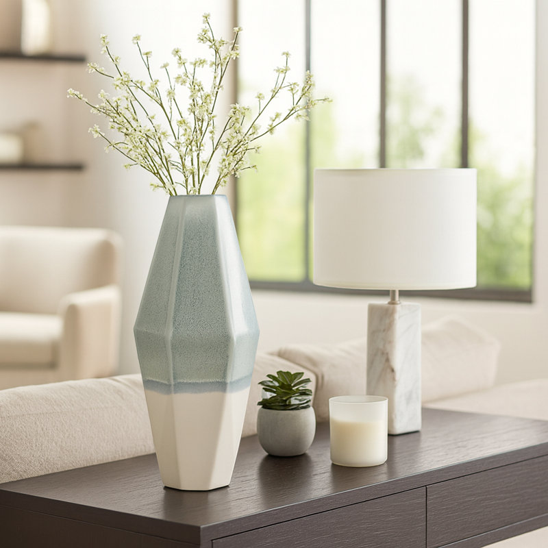 Contemporary Faceted Flower Vase for Home Decor - Triple Tone Tall Vase Accent for Bedroom and Living Room Styling - Green & Ivory
