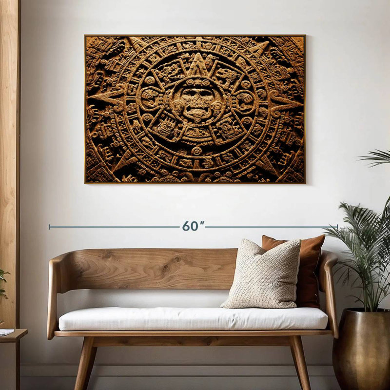 Ancien calendrier aztèque, 46 po x 31 po, Cadre flottant doré