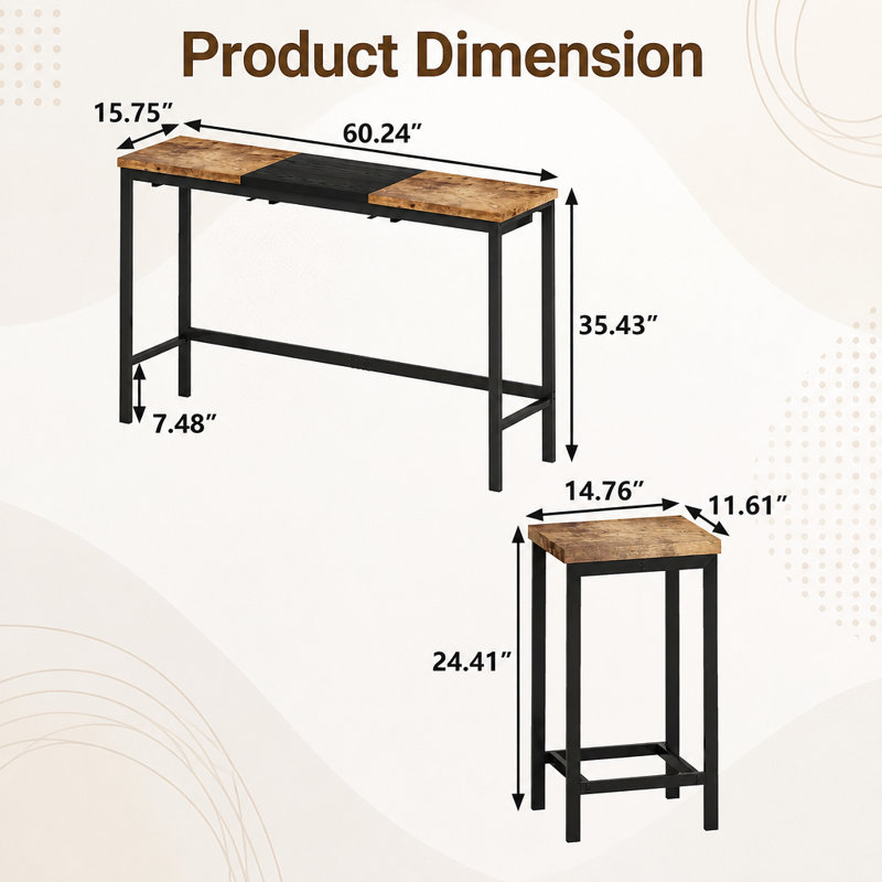 Table de salle à manger de cuisine moderne, table de pub, ensemble de table de salle à manger longue avec 3 tabourets, conception de tabouret suspendu pratique