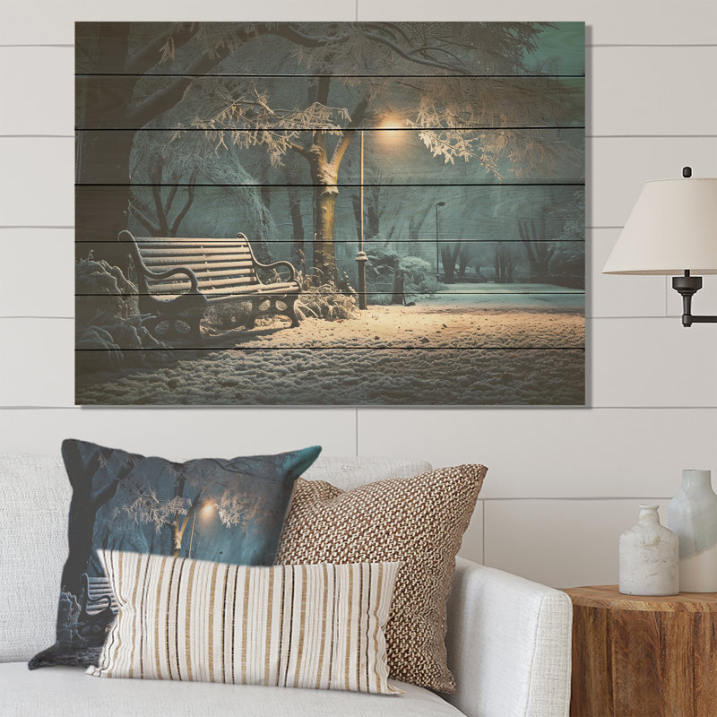 «Snowy Park Floral Canopy At Night - Forêt sur bois», H 30 po x l 40 po