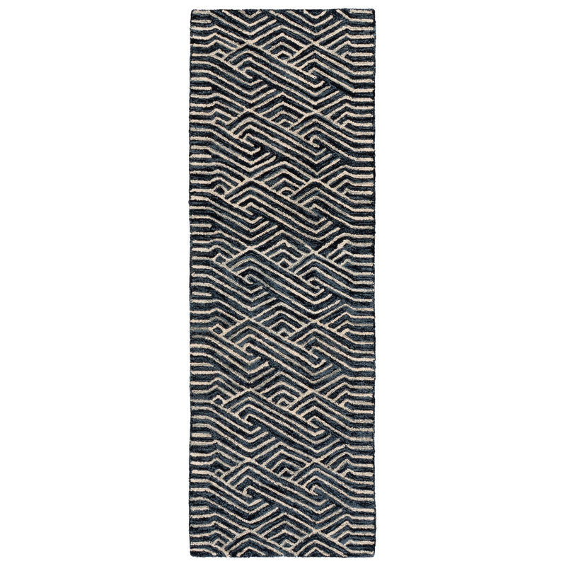 Emmett Hand-Tufted Dark Blue/Ivory Wool and Cotton Rug, Runner 2'3" x 7'