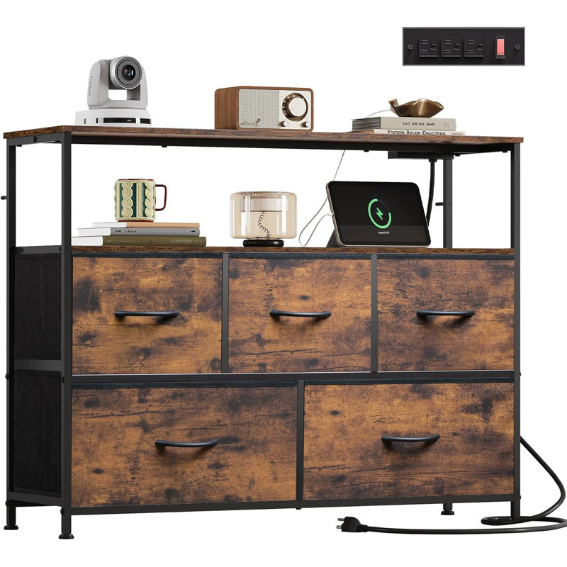5 Drawer Dresser with Charging Station, Chest of Drawers with Open Shelves, TV Stand for Living Room, Closet, Entryway