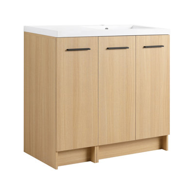 Meuble-lavabo autoportant modulaire de 36 po avec plateau de lavabo en résine 36 po, chêne clair, 2 pièces (24 po 2 portes + 12 po 1 porte), armoire KD, avec poignées en aluminium noir et brossé