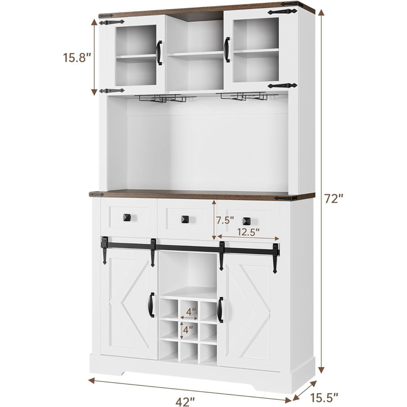 Farmhouse Buffet Cabinet With Storage, 72" Wine Bar Cabinet With Sliding Barn Door And 3 Drawers, White