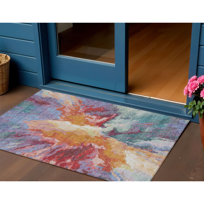 Tapis extérieur lavable abstrait orange 3 pi x 5 pi bleu et rouge sarcelle
