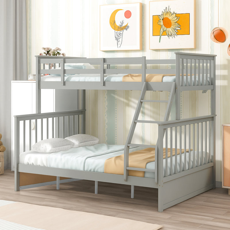 Twin Over Full Gray Bunk Bed Of Wood, Equipped With And Features, Strong Pine Build, Can Be Split Into Two For Added Convenience, No Spring Box Necessary, Top Handrail - Length Protection, Bottom