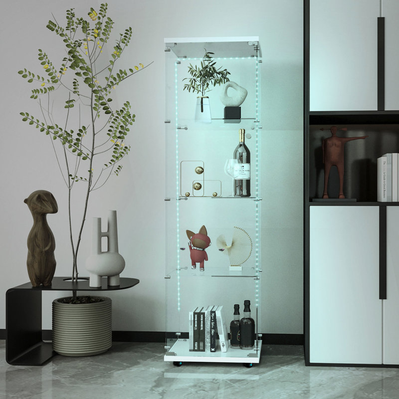 Classeur blanc en verre trempé avec éclairage à DEL - verrouillable, mobile, 3 à 4 tablettes, pour le bureau, le salon, la chambre à coucher, le choix de rangement dans le couloir, blanc, porte verrouillable, couloir facile à déplacer, bureau