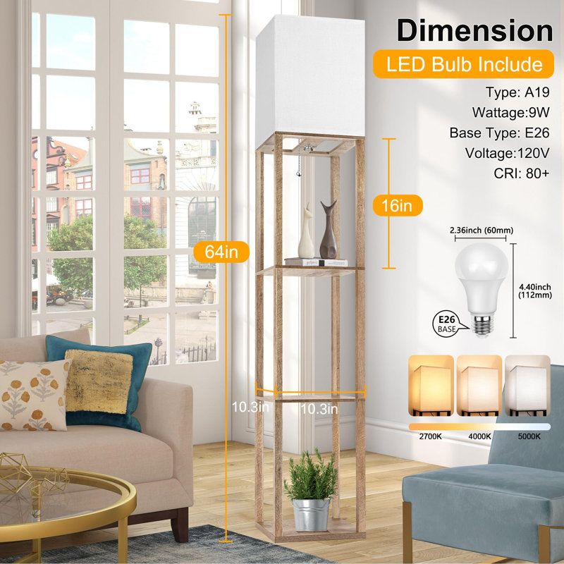 Floor Lamp With Shelves, 3 Color Temperatures, Open Top Design, For Living Room, Bedroom, Office, Gold