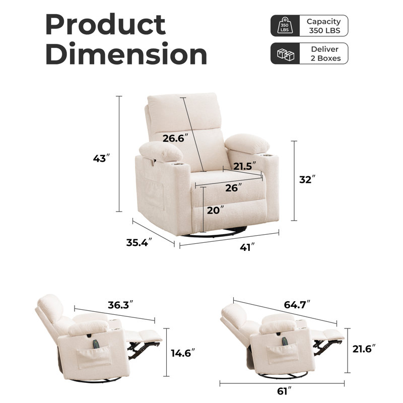 Power Swivel Recliner Chairs With Adjustable Headrest And Armrests, Featuring Massage And Heating Functions, White Chenille
