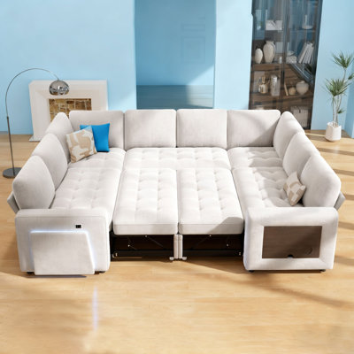 102Inch U-Shaped 8-Seater Sleeper Sofa, Chenille Fabric, Adjustable Backrest 100°-160°, Pull-Out Beds & Storage, Usb Charging, Led Night Light, Foldable Side Table, Tool-Free Assembly