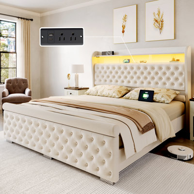 Bed Frame with Storage and LED Lights Charging Station, Velvet Upholstered Sleigh Bed with Wingback Bookcase Headboard, No Box Spring Needed, Easy Assemble, Cream