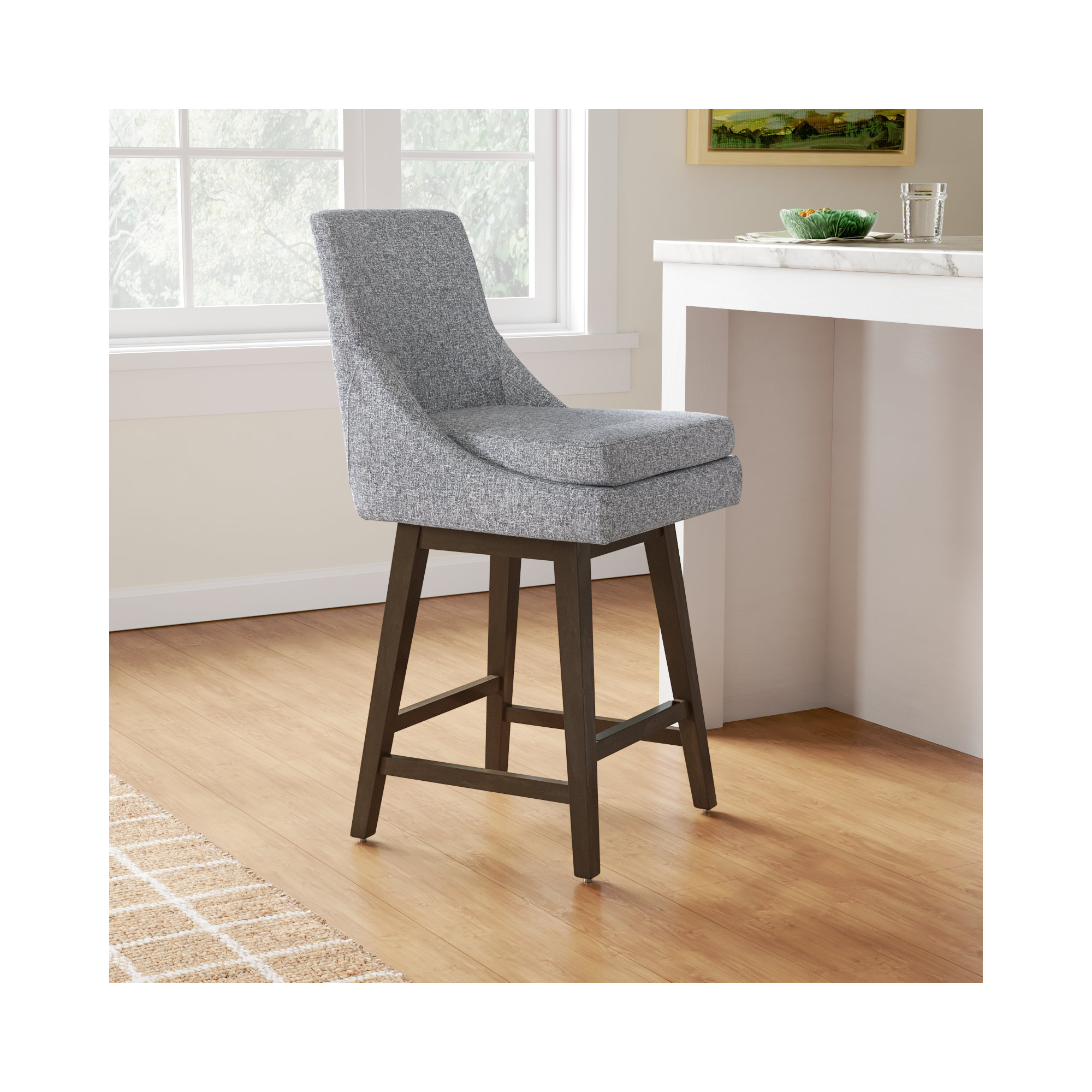 Zahara Upholstered Swivel Counter Stool, Nathan Gray Tweed/Walnut, Counter Stool (26” Seat Height)