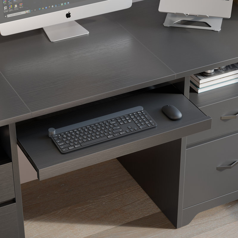 Bureau d'ordinateur 59 pouces symétrique avec plateau à clavier coulissant et prise de courant intégrée, poste de travail spacieux pour bureau à domicile avec beaucoup de rangement, table de jeu et d'étude