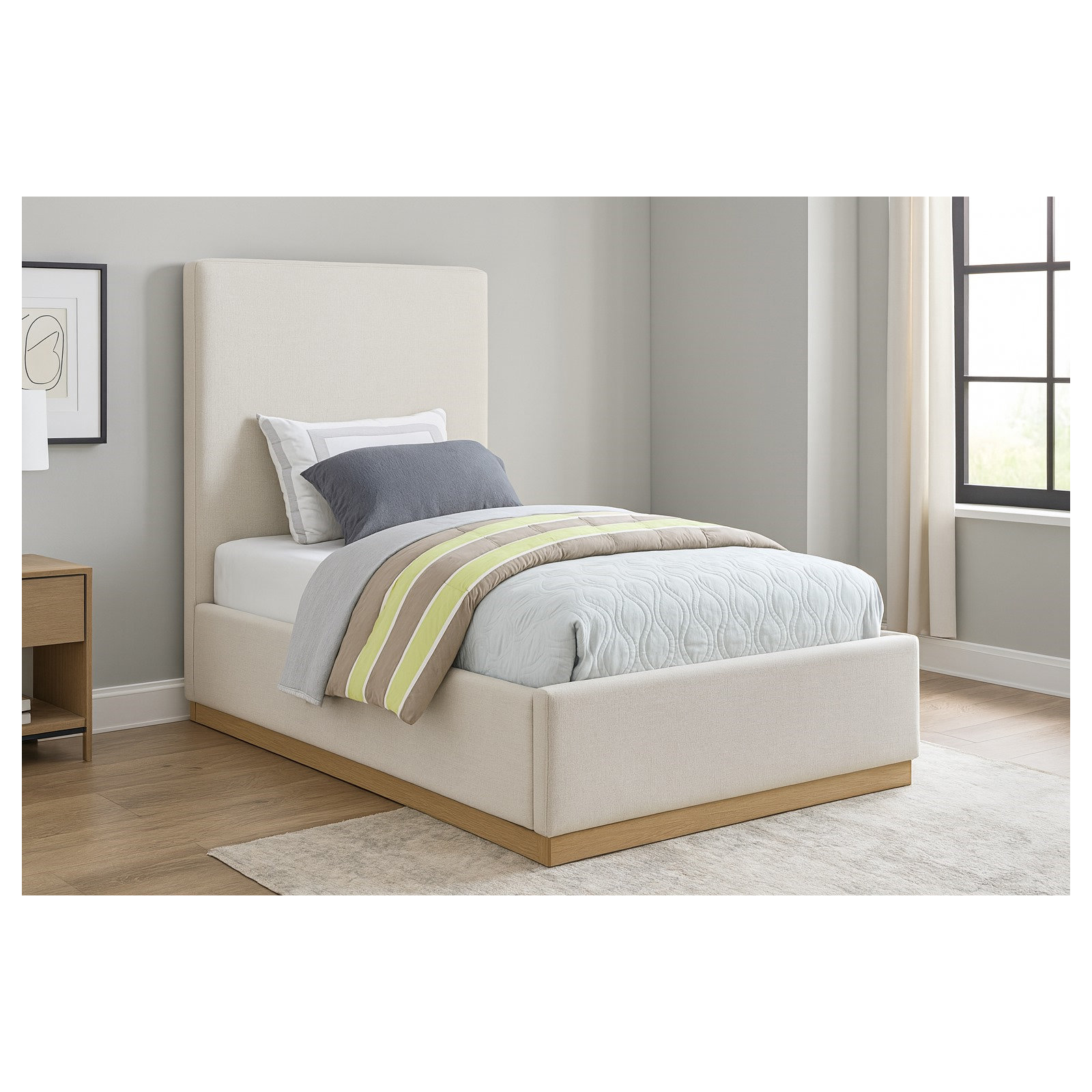 Citori Upholstered Panel Bed, Twin, Cream Linen Textured Fabric