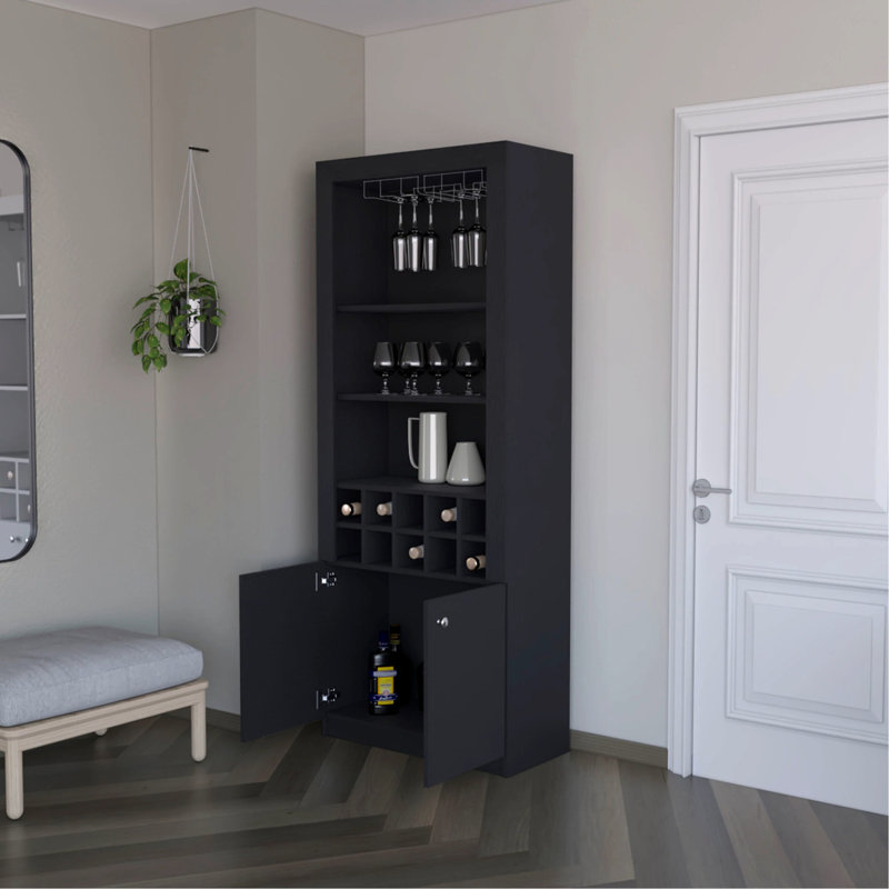 Armoire de bar noire avec un design réfléchi: 3 tablettes pour les articles, les tablettes à vin, s'adapte aux pièces compactes, rehausse l'attrait du rangement intelligent Organisation: accessoires pour boissons, rangement, espaces restreints, esthétique