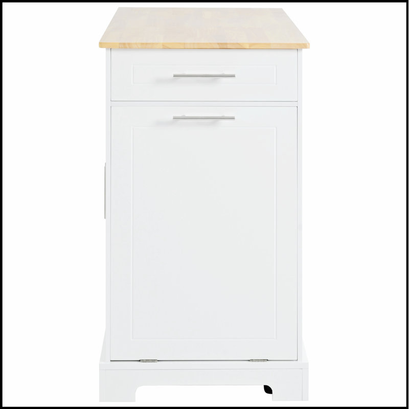 Fluted Kitchen Island with Trash Can Storage, Power Outlets, and Rolling Wheels for Enhanced Mobility and Organization, White