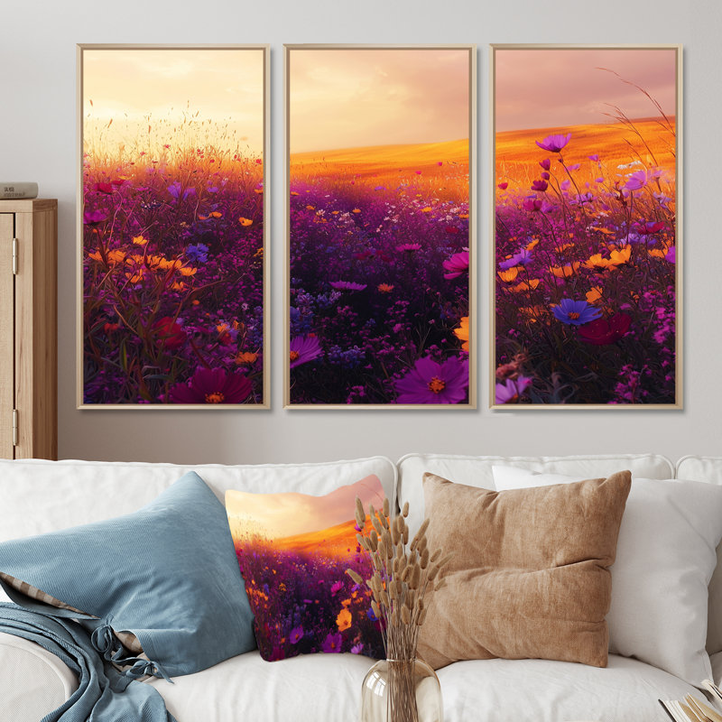 Fleurs sauvages dans la prairie d'automne II - Décoration murale fleurs sauvages - ensemble de 3, H 32 po x l 48 po, Érable