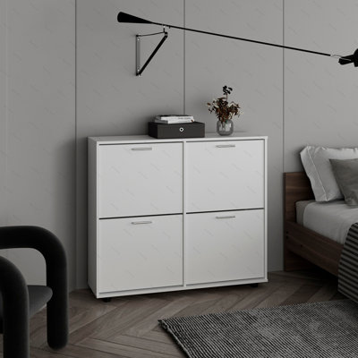 Étagère à chaussures 4 portes Opal avec plusieurs tablettes, rangement pour chaussures moderne, blanc
