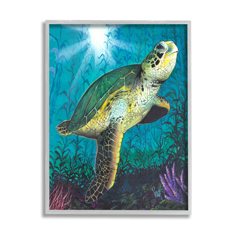 Tortue sous-marine récif encadré sur bois par Scott Westmoreland, peinture, H 30 po x l 24 po x P 1,5 po