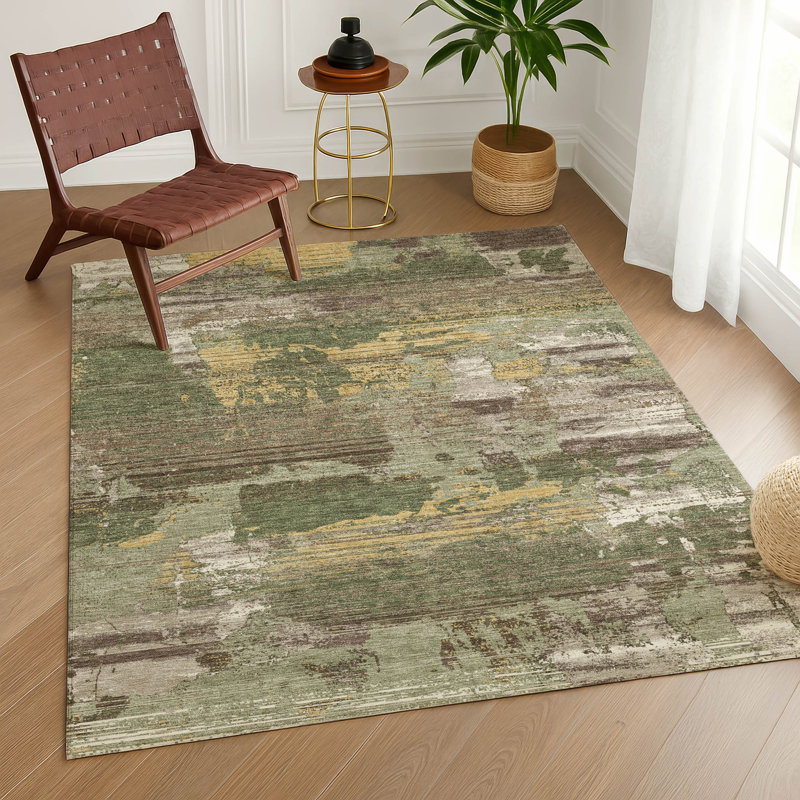 Tapis abstrait lavable à la machine intérieur / extérieur ACN2646, Olive, 8 pi x 10 pi
