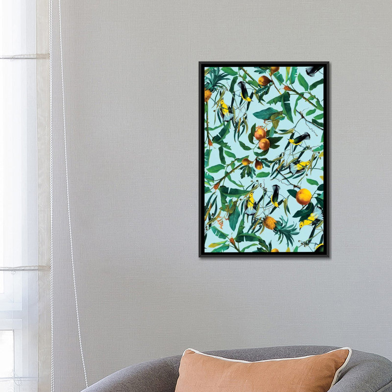 "fruits et oiseaux" , impression sur toile tendue, H 18 po x l 12 po x P 1,5 po, Pas de tapis, Toile tendue