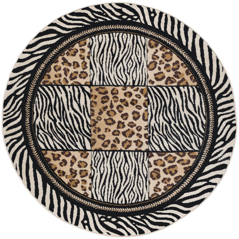 Tapis brun / noir à motif animalier Alfonsia, Rond 7 pi 10 po