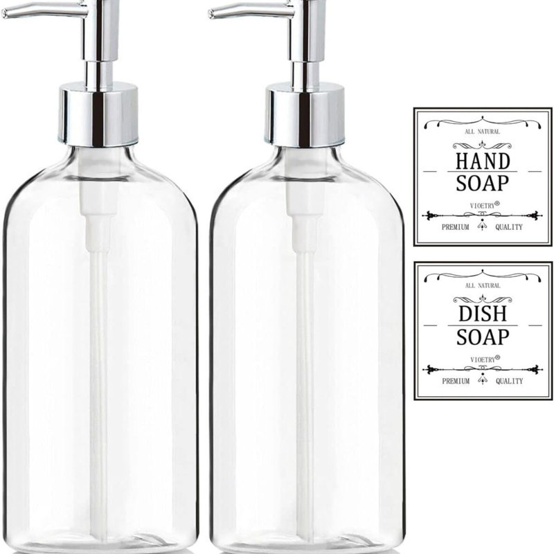 Clear Soap Dispenser Set 16oz Plastic Pump Bottles 2 Pack