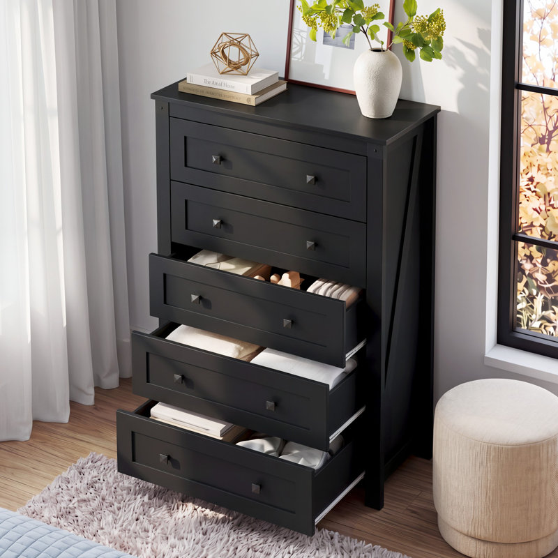 Farmhoue 48.27'' Tall 5-Drawer Wood Dresser for Bedroom, Large Storage Dresser with Double Rustic Handles, 31.5'' W Black Wood Dresser with Solid Legs, Chest of Drawers for Living Room, Hallway, Closet