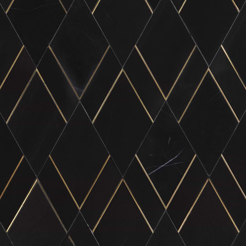 Enver Polished Marble And Brass Mosaic, Nero/Brass