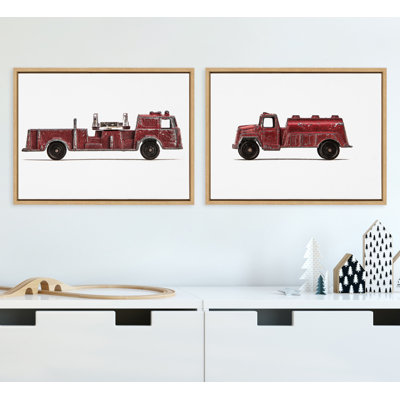 Red Vintage Toy Fire Engine and Red Vintage Toy Water Truck by Saint and Sailor Studios Framed Canvas Wall Art Set
