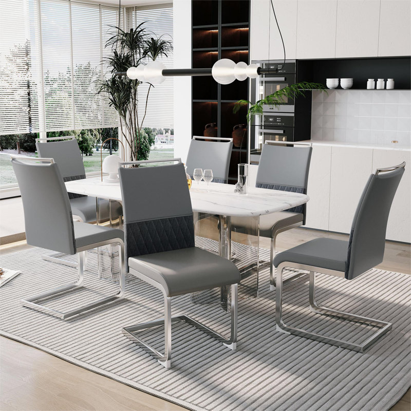 Dining Chairs With Backrest In Pu Artificial Leather And Linen, Grey, 4