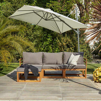 Rimasha 3 Seater Wooden Garden Sofa Set with Footstool & Lean Over Parasol 