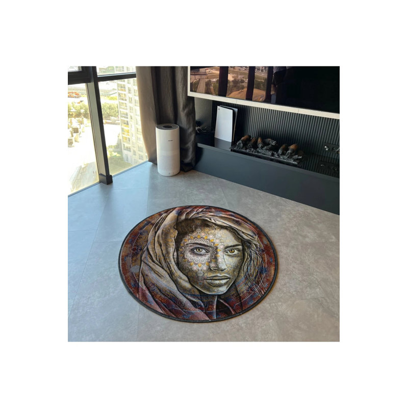 Artistic Woven Base Round Decorative Carpet With A Female Face Figure, Round 4'