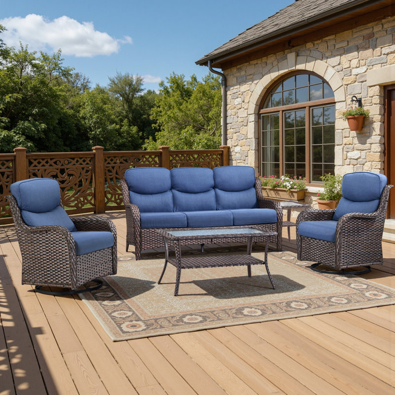 5 - Person Handwoven Wicker Patio Conversation Set With Swivel Glider Chairs & Side Table, 5" Olefin Cushions, Blue, Brown