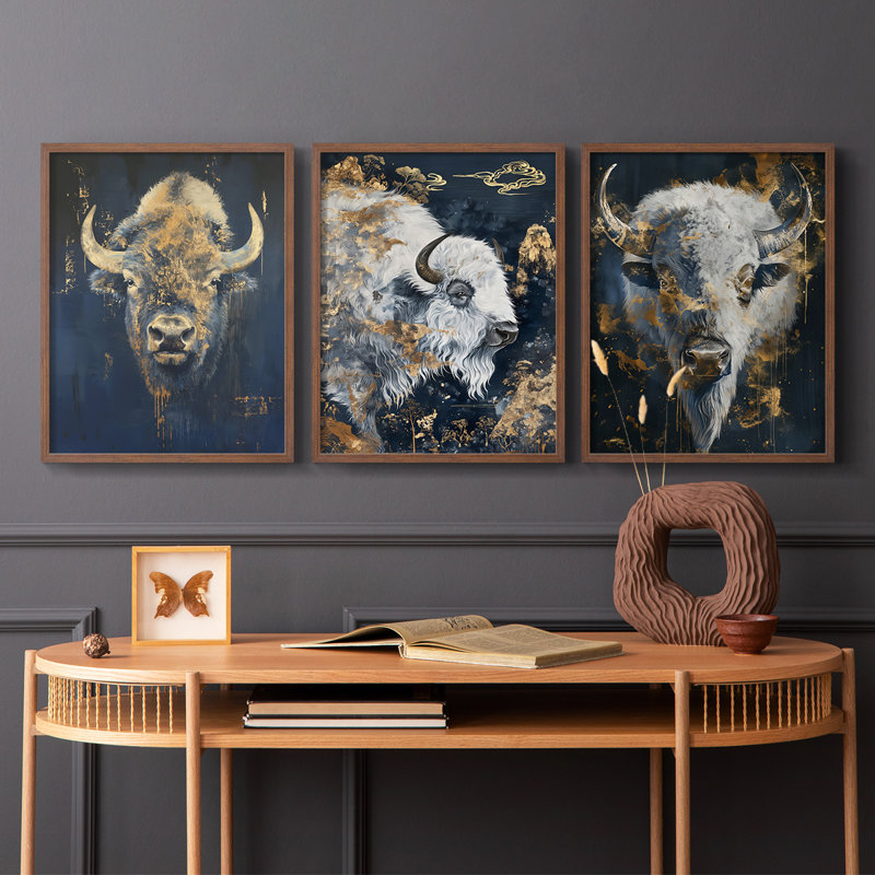Buffalo Series XLIX - ensemble de 3 estampes numériques encadrées - prêt à être accroché, Cadre noyer, H 14 po x l 11 po