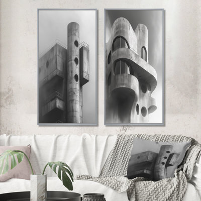 Grey Fortresses Of The Future I - Fortresses Wall Art 2 Pieces Set