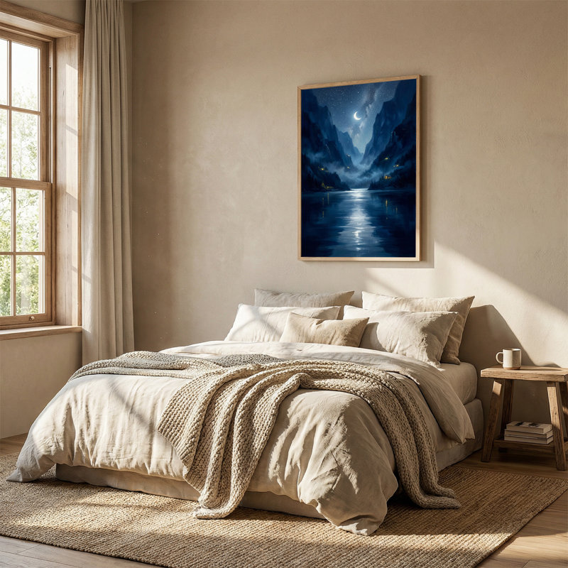 Tableau sur toile représentant le lac de Blue Mountain Valley avec des cabanes illuminées et un croissant de lune