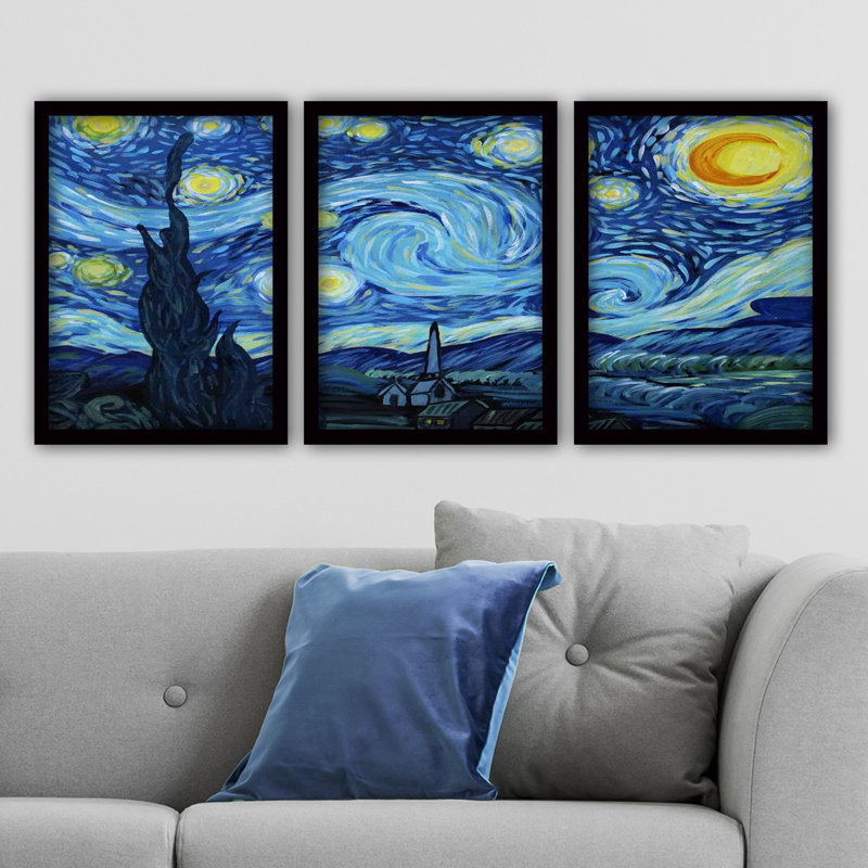 Vincent Van Gogh, peinture décorative encadrée (3 pièces) de 13,8 po x 17,7 po chacune | 100% panneau de fibres à densité moyenne avec épaisseur de 2 cm, cadre en plastique élégant | Parfait pour la décoration de salon ou de bureau, design artistique et intemporel