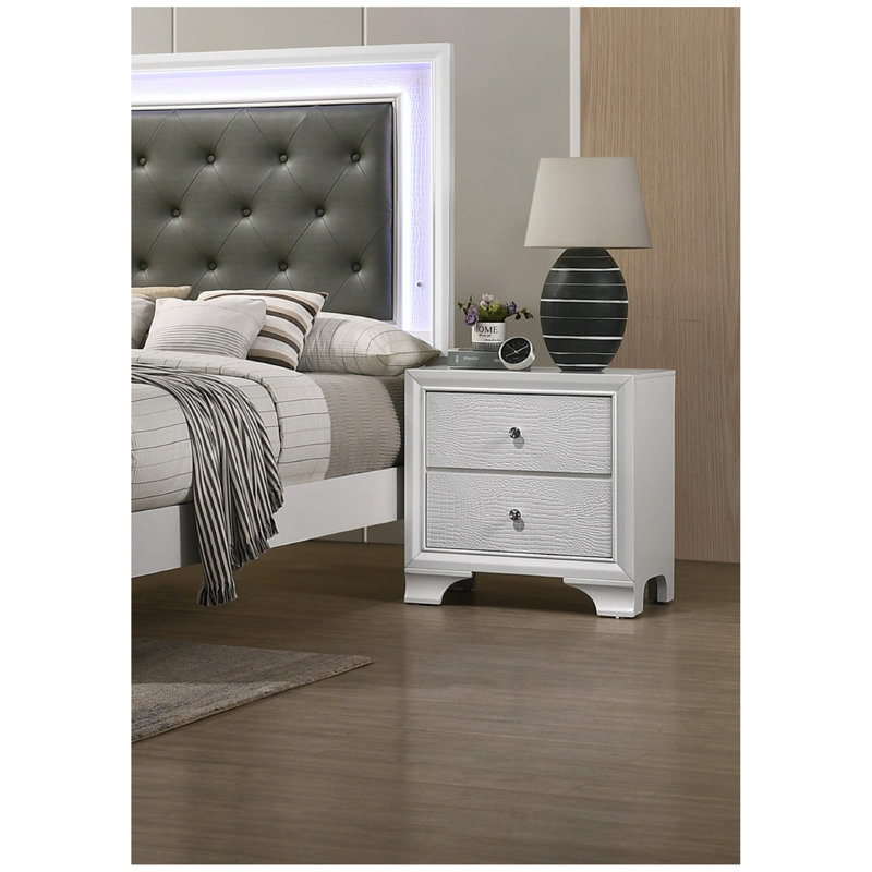 1pièce de table de chevet moderne à deux tiroirs au fini champagne de style glamour, Blanc