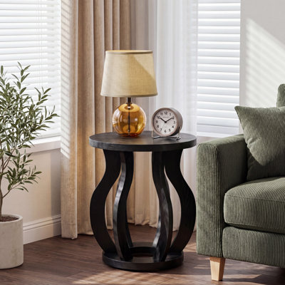 Round End Table, Farmhouse Couch Side Table for Living Room, Wood Bedside Table Nightstand with Curved Frame