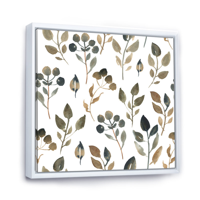 Feuilles brunes simples sur fond blanc - peinture sur toile, Cadre flottant blanc, H 30 po x l 30 po x P 1 po