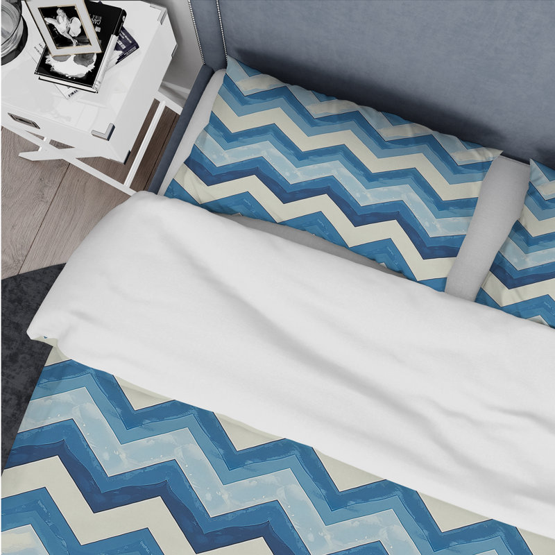 Ensemble de housse de couette moderne à motif de chevrons bleu et beige, Housse de couette pour grand lit et 2 taies décor